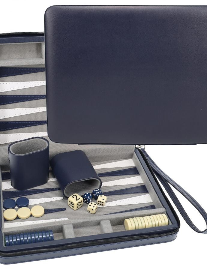 WE Games Backgammon Set, Board Games for Adults - Travel Games - Magnetic with Navy Blue Leatherette Backgammon Board and Carrying Strap - Travel Backgammon Sets for Adults - Image 1