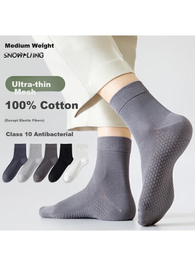 SNOWFLYING Xuezhongfei Men's Socks Spring Summer 100% Cotton Antibacterial Mesh Thin Sweat-absorbing Breathable Mid-calf Socks 5 Pairs Pack - Image 1