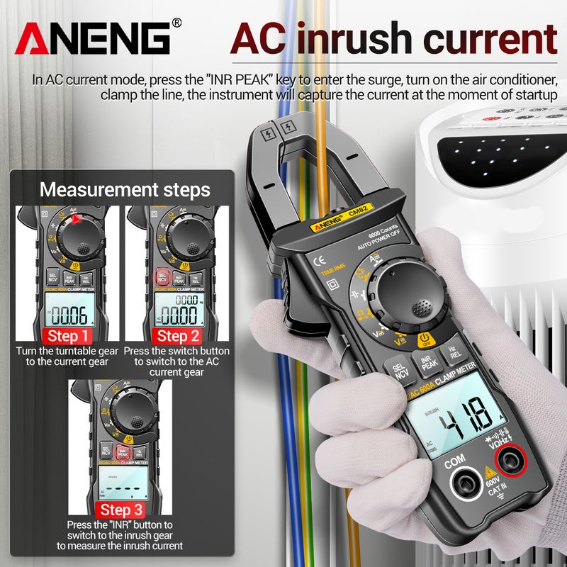 Clamp Meter: Black 6000 Counts True RMS Auto-Ranging - NCV Induction No Wire Break Universal Electricity Tester for Electricians, Home, Office, Factory Use - Image 4