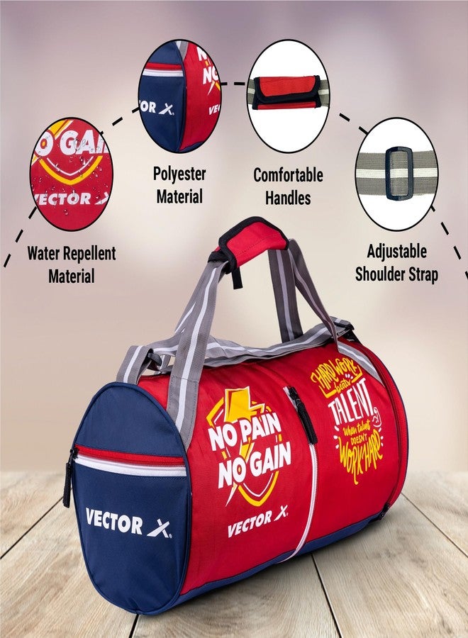 Vector X No Pain Gym Duffel 22L Sports Bag for Men and Women with Shoes Compartment Polyester | Front Utility Pocket |Durable Base | Adjustable Shoulder Strap (RED) - Image 2