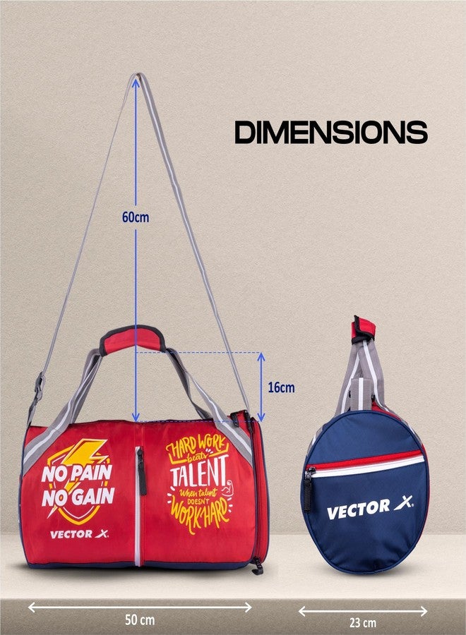 Vector X No Pain Gym Duffel 22L Sports Bag for Men and Women with Shoes Compartment Polyester | Front Utility Pocket |Durable Base | Adjustable Shoulder Strap (RED) - Image 3