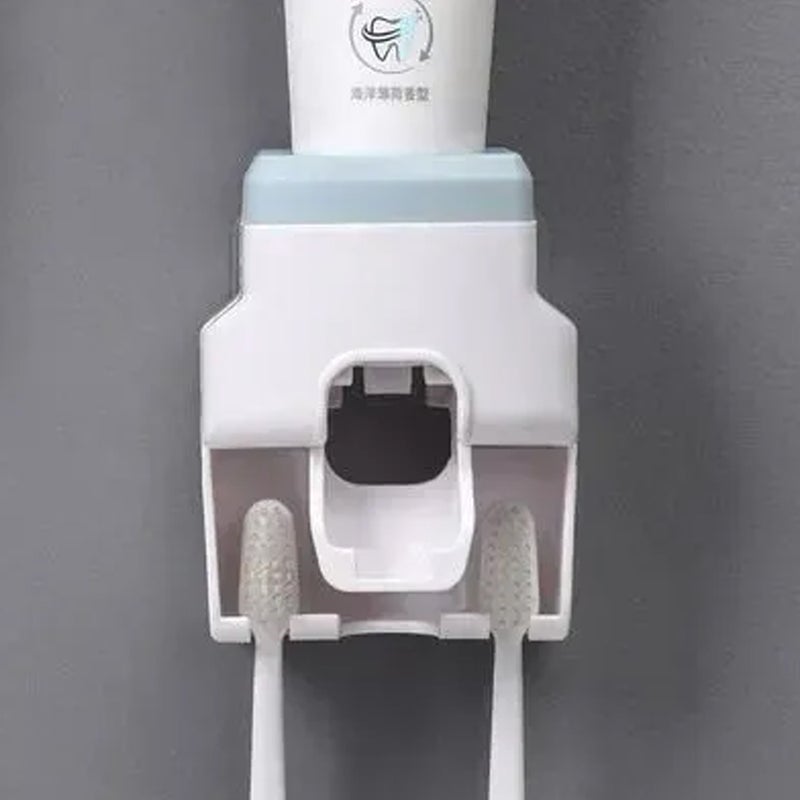 Toothpaste Dispenser with Toothbrush Holder Plastic Silicone 7.5*10*6 cm 1pcs Waterproof Durable ABS Material No Tools Installation Strong Adhesive Strips 10 Pounds Capacity Smooth Surface Bathroom Kitchen Home Use - Image 1