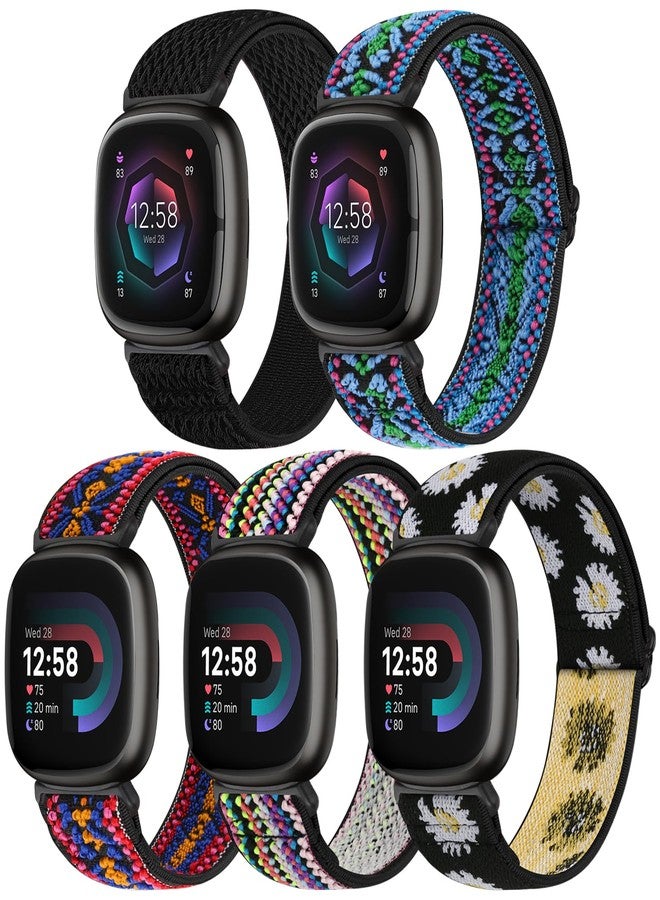 Bcuckood Compatible with Fitbit Versa 4/Versa 3/Sense 2/Sense Band Women Men, 5 Pack Elastic Nylon Soft Adjustable Stretchy Solo Loop Replacement Strap for Women Men - Image 1