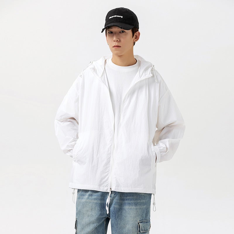 Summer Sun Protection Clothing for Men and Women, Lightweight and Trendy, Young Couples, Fashionable Mens Summer Versatile Hooded Skin Clothing Jackets White