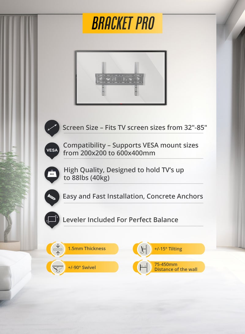 براكيت حامل جداري متحرك بالكامل للتلفزيون من Bracket Pro، مناسب لشاشات من 32 إلى 85 بوصة - قابل للإمالة والدوران - مصنوع من الفولاذ المتين، يتحمل وزنًا يصل إلى 45 كجم - متوافق مع معايير VESA من 200x200 إلى 600x400 - سهل التركيب - BPX3285 - Image 2