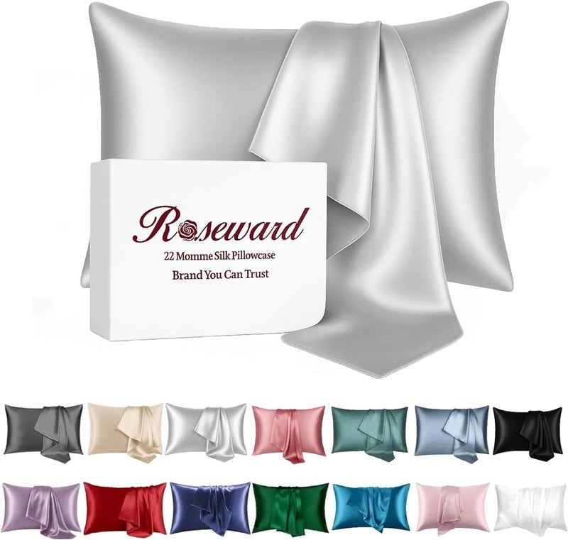 ROSEWARD Gray Silk Pillowcase for Women, Anti Wrinkle Silk Pillow Cases Queen with Zipper, 6A Grade 22 Momme, 100% Organic,1 Pc 20"x30" (Queen, Grey) - Image 1