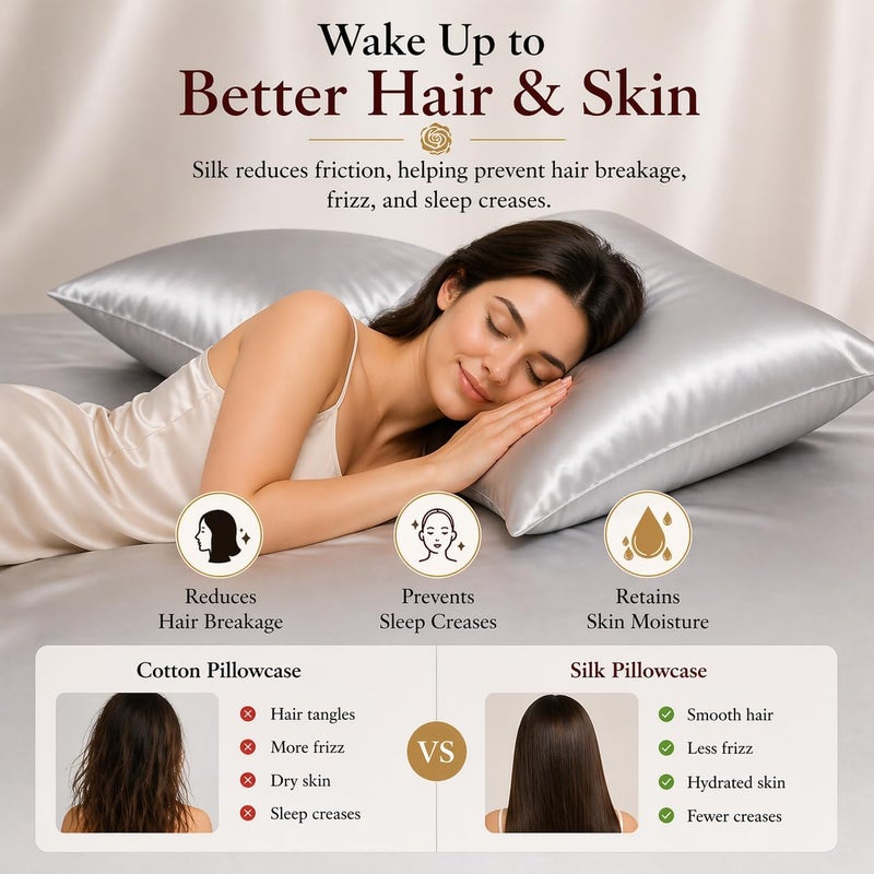 ROSEWARD Gray Silk Pillowcase for Women, Anti Wrinkle Silk Pillow Cases Queen with Zipper, 6A Grade 22 Momme, 100% Organic,1 Pc 20"x30" (Queen, Grey) - Image 3