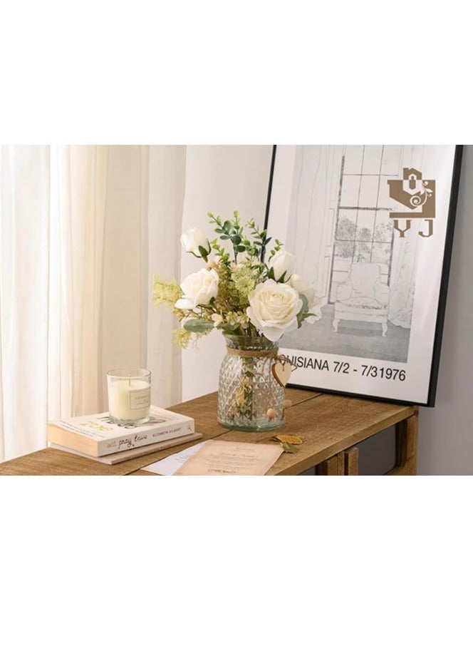 DUNISO Fake Flowers, Silk Roses Artificial Flowers, White Faux Flower Arrangement Suitable for Home Office Decoration, Dining Table Centerpiece (No Vase) - Image 3