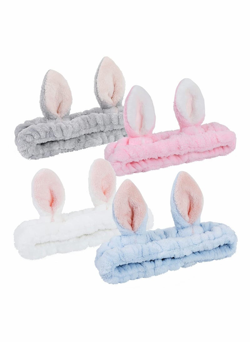 Loquat 4 Pack Elastic Makeup Headbands for Women Girls Lovely Bunny Ears Coral Fleece Washing Face Head Wraps - Image 1