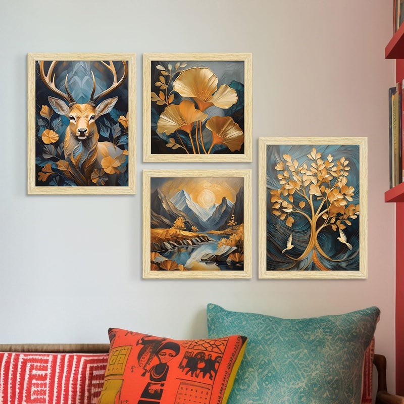 ArtX Paper Golden Deer Sunrise Scenery Flower Tree Art Paintings with Frame for Home Decor Wall Painting for Living Room Multicolor Natural Wood Color Frames Set of 4