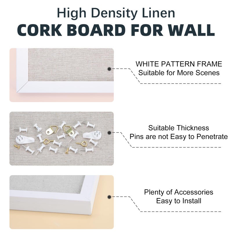 OWLKELA 24'' x 36'' Linen Bulletin Board, White Framed Corkboard, White Oak Frame Linen Cork Board, Vision Board and Decorative Hanging Pin Board - Image 4