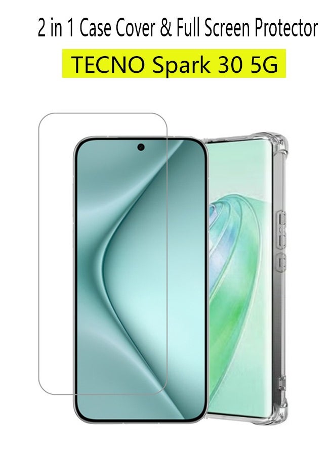 2 in 1 TECNO Spark 30 5G Phone Case Cover & Screen Protector - Shockproof Clear Slim TPU Protective Phone Cover & Full Coverage Delicate Touch Tempered Glass Screen Protector for TECNO Spark 30 5G Clear