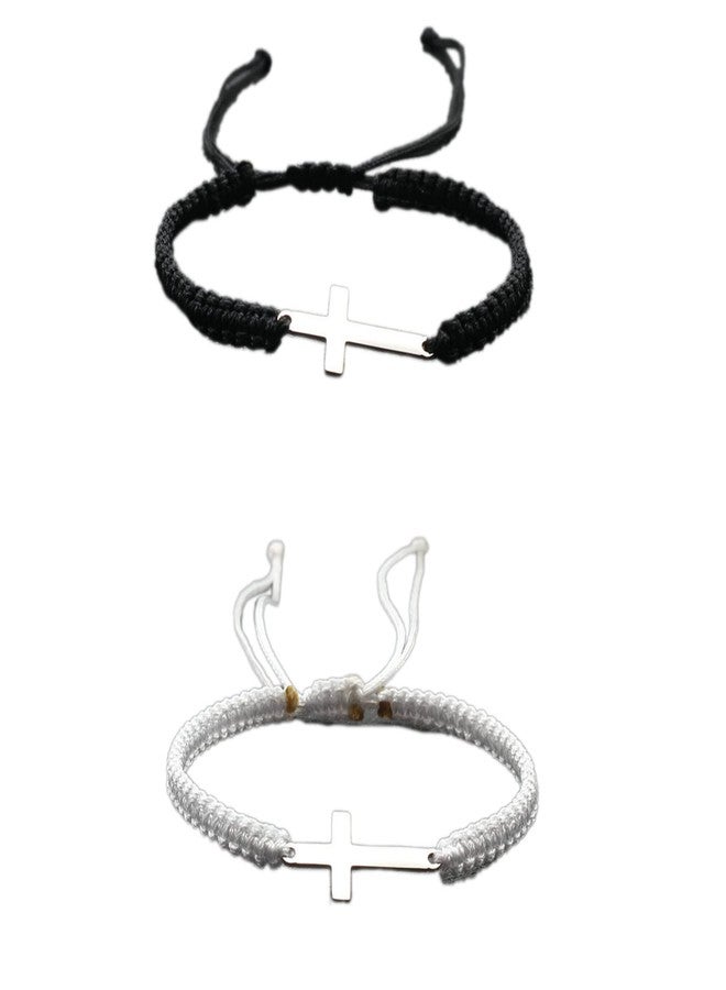 Pingyongchang 2Pcs Handmade Cross Lucky Knot Adjustable Red Black String Protection Christian Bracelet Boho Amulet Rope Bracelet for Women Men Couple Jewelry Friendship Gift-Black White - Image 1