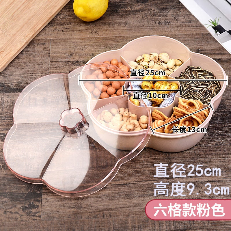 Household creative candy box multi-grid nut box plastic sealed fruit plate with lid modern living room coffee table dried fruit box Pink 