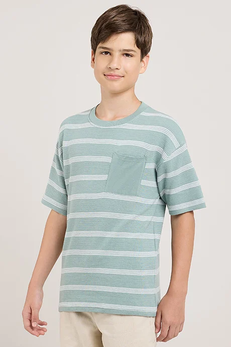 أر أند بي Striped T-Shirt With Crew Neck and Short Sleeves