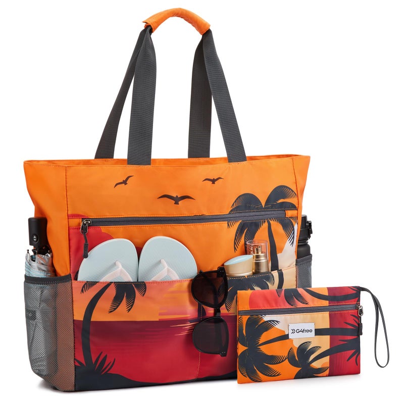 G4Free Beach Bag Large Beach Tote Bag Waterproof Sandproof with Zipper Foldable Tote for WomenSunset Print - Image 2