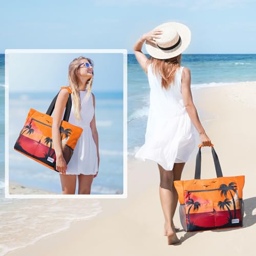 G4Free Beach Bag Large Beach Tote Bag Waterproof Sandproof with Zipper Foldable Tote for WomenSunset Print - Image 3