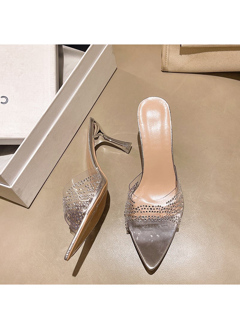 Generic - Elegant Pointed-Toe Large-Size Ladies 2024 Crystal Heel Mules Silver - Image 1