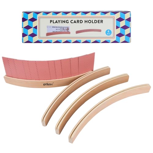 Offelec Set of 4 Playing Card Holders Holds Standard Size Cards Wooden Curved Playing Card Holder Racks Tray Set for Kids Adults Seniors Non Slip Wood Card Deck Holders for Strategy Card Games - Image 1