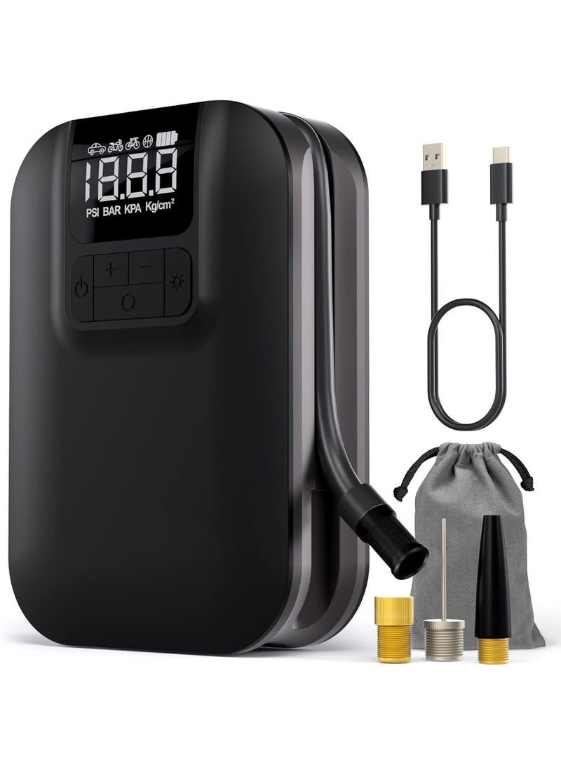 منفاخ إطارات محمول بضاغط هواء وبطارية قابلة لإعادة الشحن 5000 مللي أمبير في الساعة، نفخ سريع مرتين وإيقاف تلقائي، مقياس ضغط رقمي دقيق بشاشة LCD، مضخة لاسلكية مع ضوء LED للسيارات والدراجات النارية والكرات - Image 1