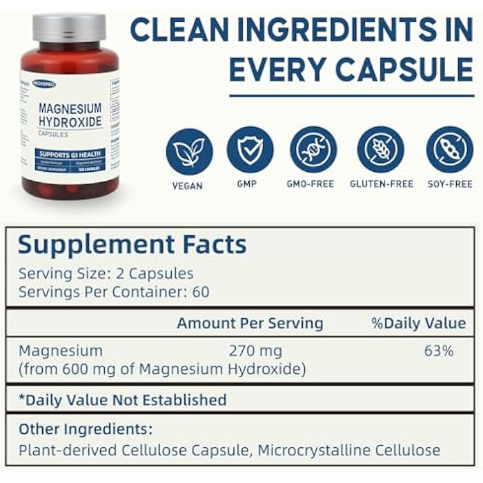 provspro Magnesium Hydroxide Capsules Contains 270 mg of Magnesium, Relieve Constipation and Indigestion, Support Intestinal Motility, Gut Health for Women and Men (120 Capsules) - Image 4