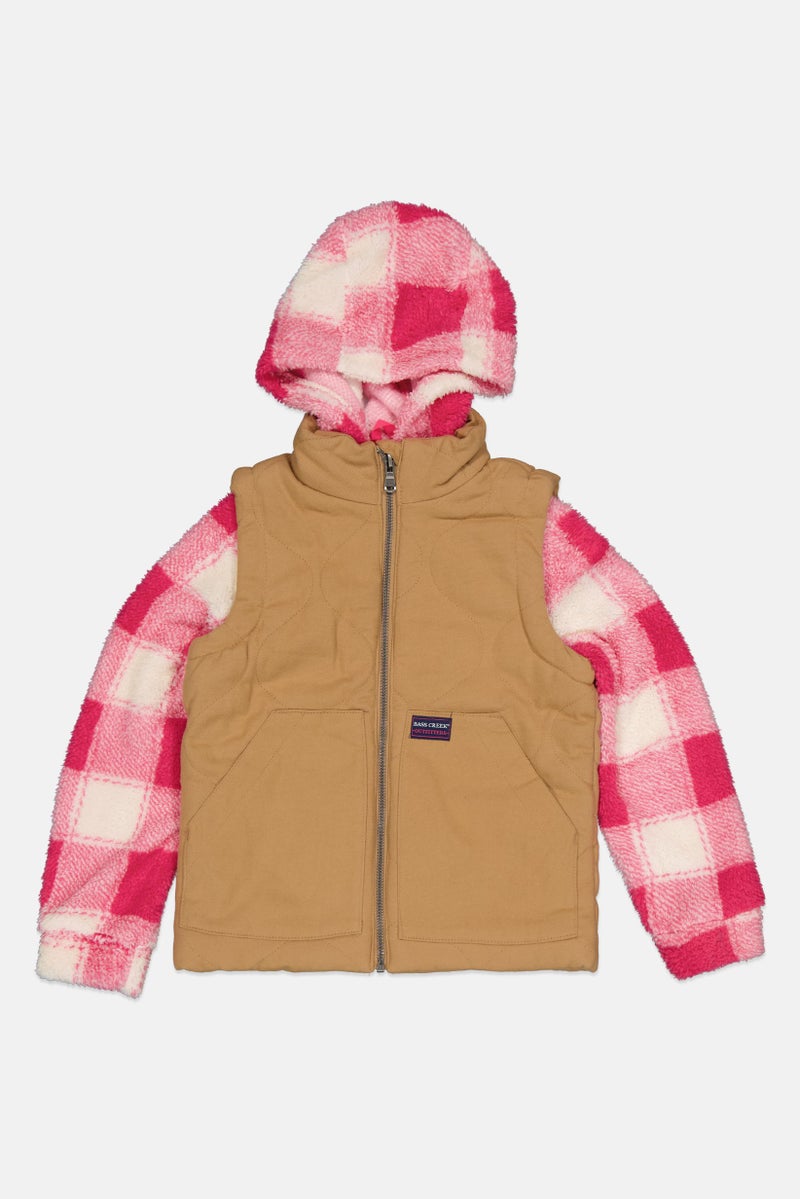 Bass Creek Outfitters Kids Girl Hooded Checkered Jacket, Tan - Image 1