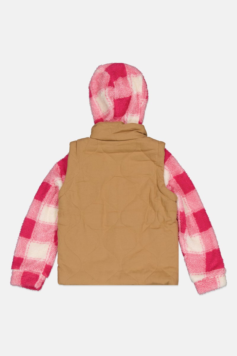 Bass Creek Outfitters Kids Girl Hooded Checkered Jacket, Tan - Image 2