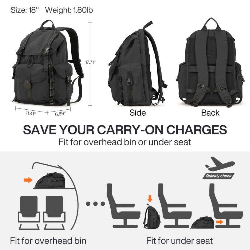 mixi Travel Backpack for Women Men, 18 Inch Carry On Laptop Backpack Flight Approved fits 16'' Laptop, Lightweight Waterproof Hiking Backpack Travel Outdoor Business Casual Daypack, Black - Image 5