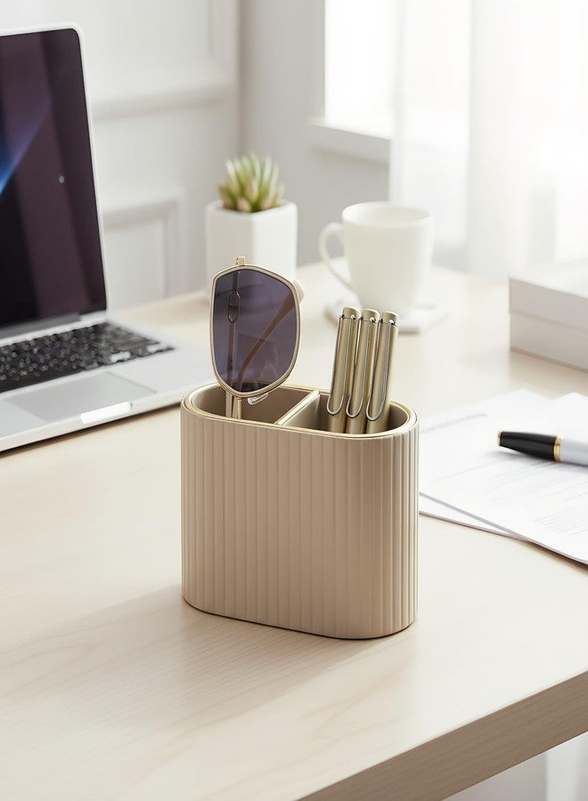 KINGFOM PU Leather Pen Holder for Desk, 2 Slots Small Remote Control Holder Pencil Cup Desktop Supplies and Accessories Organizer Caddy for Office Home Art Supply (Mocha Beige) - Image 4