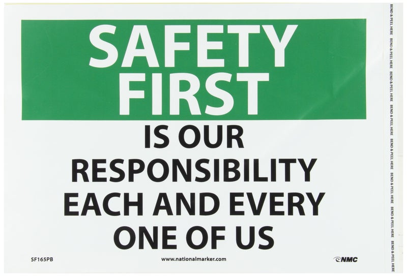 NMC SF165PB OSHA Sign, Legend "SAFETY FIRST - IS OUR RESPONSIBILITY EACH AND EVERY ONE OF US", 14" Length x 10" Height, Pressure Sensitive Vinyl, Black/Green on White - Image 2