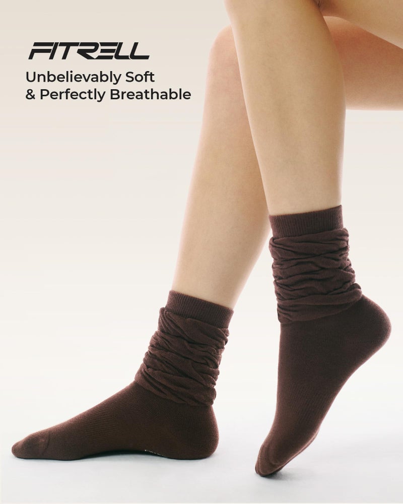 FITRELL Scrunch Crew Socks for Women, Pre-sewn Slouch Look Soft Cotton Mid Calf Retro Cute Socks 3 Pairs (Can't Straighten), Khaki+Light Brown+Dark Brown, Small-Medium - Image 5