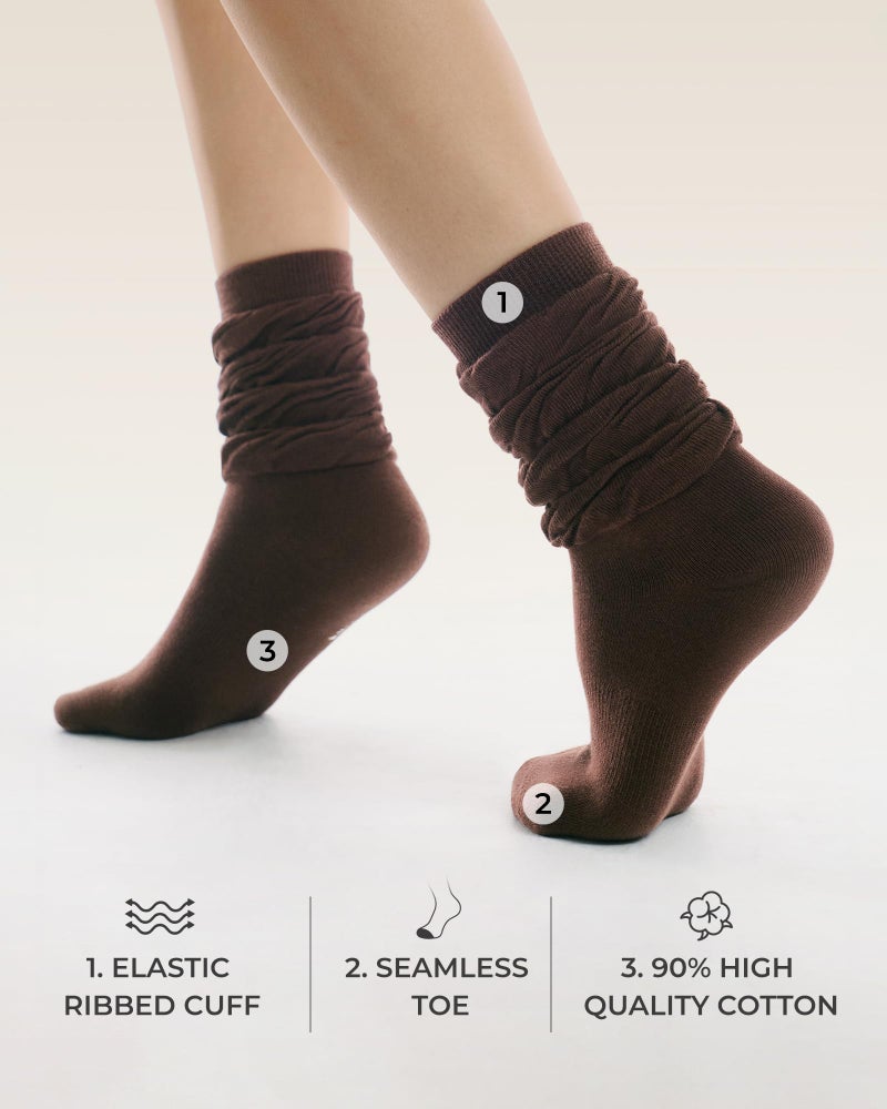FITRELL Scrunch Crew Socks for Women, Pre-sewn Slouch Look Soft Cotton Mid Calf Retro Cute Socks 3 Pairs (Can't Straighten), Khaki+Light Brown+Dark Brown, Small-Medium - Image 3
