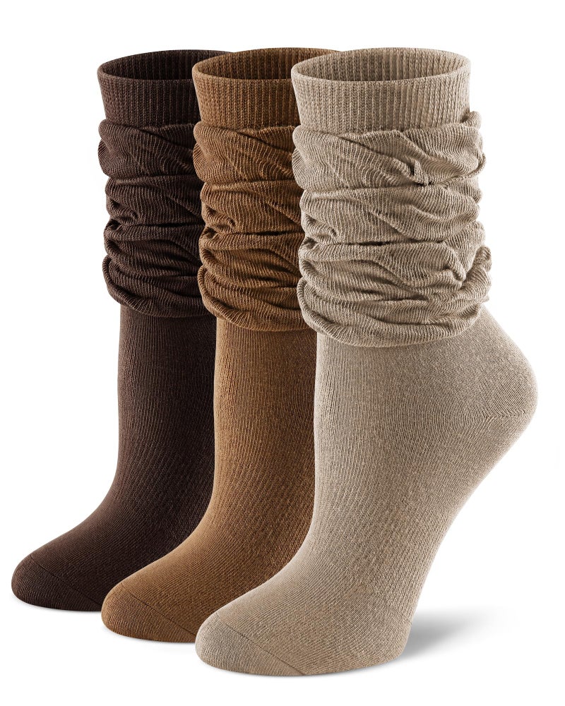 FITRELL Scrunch Crew Socks for Women, Pre-sewn Slouch Look Soft Cotton Mid Calf Retro Cute Socks 3 Pairs (Can't Straighten), Khaki+Light Brown+Dark Brown, Small-Medium - Image 1