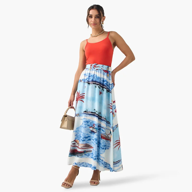 2Xtremz 2Xtremz All-Over Print A-line Midi Skirt with Belt