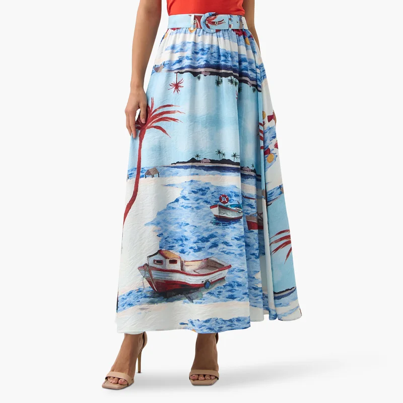 2Xtremz 2Xtremz All-Over Print A-line Midi Skirt with Belt