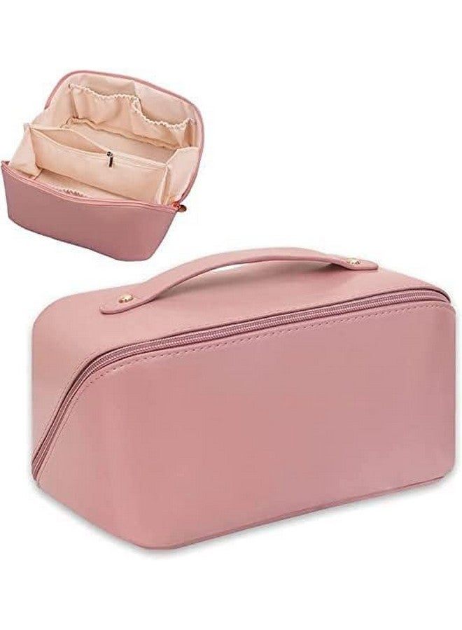 VENEXA Travel Makeup Bag,Large Cosmetic Bag, Travel Cosmetic Bags for Women,Waterproof Portable Pouch Open Flat Toiletry Make up Bag Organizer with Divider and Handle and Extra Pouch (Pink) - Image 1