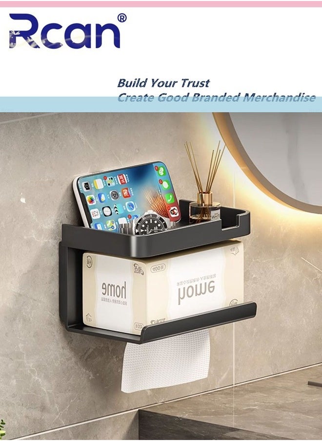 Rcan Paper Towel Holder, Toilet Paper Holder with Phone Shelf Accessories Tray, Wall Mounted Toilet Paper Holder, Non-punching Adhesive Tissue Holder for Bathroom  - Image 1