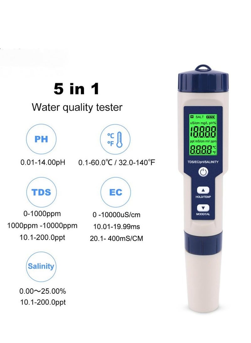 جهاز قياس جودة المياه الرقمي 5 في 1 لقياس TDS/EC/pH/الملوحة/درجة الحرارة، مناسب لحمامات السباحة والمياه الشرب والأحواض السمكية  - Image 2