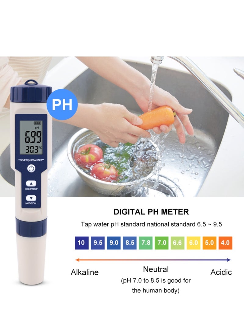 جهاز قياس جودة المياه الرقمي 5 في 1 لقياس TDS/EC/pH/الملوحة/درجة الحرارة، مناسب لحمامات السباحة والمياه الشرب والأحواض السمكية  - Image 3