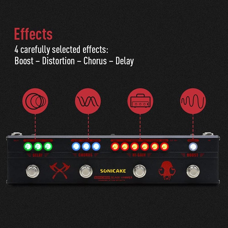 SONICAKE دواسة تأثيرات متعددة للجيتار ثقيلة المعدن HiGain تشويه تعزيز كورس تأخير دواسة جيتار أسود هامر مع محول - Image 3