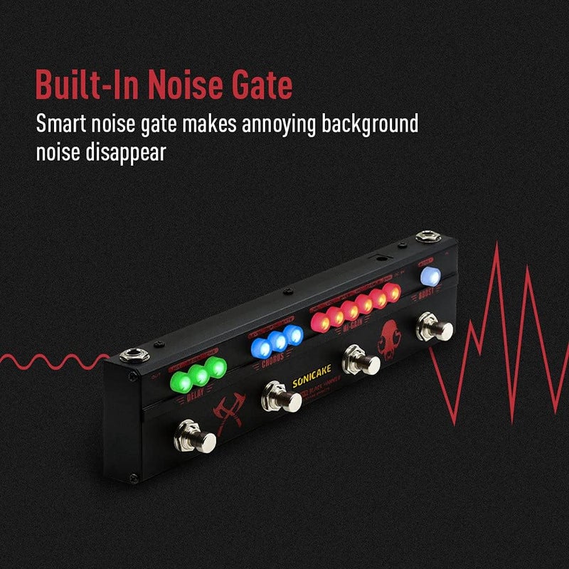 SONICAKE دواسة تأثيرات متعددة للجيتار ثقيلة المعدن HiGain تشويه تعزيز كورس تأخير دواسة جيتار أسود هامر مع محول - Image 4