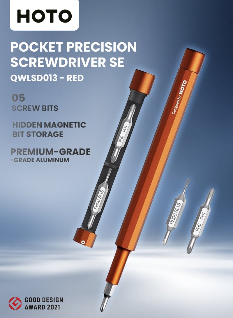 HOTO Precision Pocket Screwdriver Pen – HOTO Pocket Multi-Tool with 5 Bits, Soft Pencil Tip, Magnetic Storage, Premium Aluminum Body – Red – QWLSD013  - Image 2