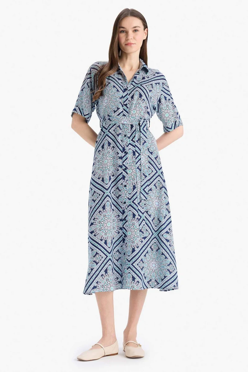 ديفاكتو A Cut Shirt Collar Printed Double Sleeves Dress