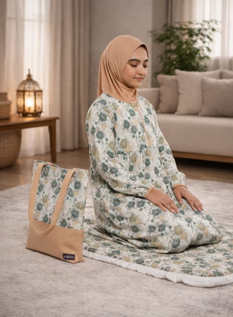 Artemea Cream Printed Girls Prayer dress- Mat & Bag set