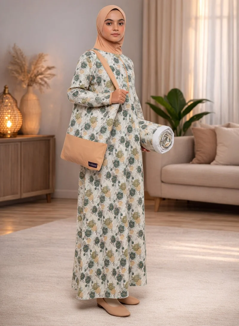 Artemea Cream Printed Girls Prayer dress- Mat & Bag set