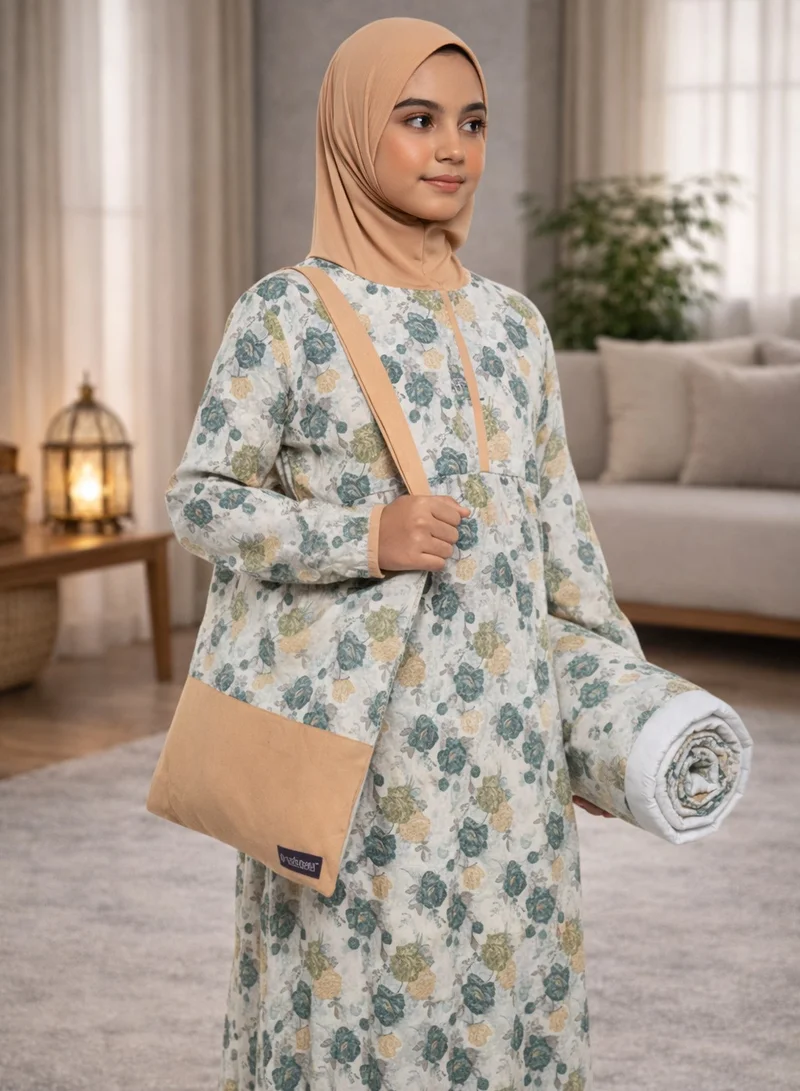 Artemea  Cream Printed Girls Prayer dress- Mat & Bag set for Women | Best Price UAE