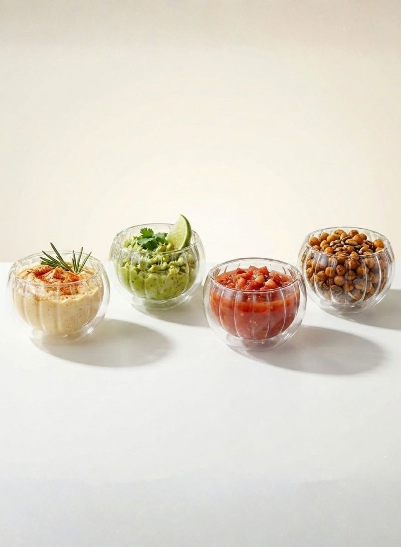 1Chase Set of 4- 100 ML Borosilicate Double wall Stripe Glass  Dip Bowl. Elegant Insulated Sauce Bowls for Dips, Chutneys, Condiments & Snacks - Image 1