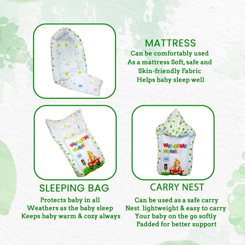 mee mee Mee Mee 3 in 1 Baby Bed, Sleeping Bag & Carry Nest, Animal Print, Shearing Finish & Cotton Soft from Inside, Machine Washable & Portable Bassinet, 0M+, Green - Image 3