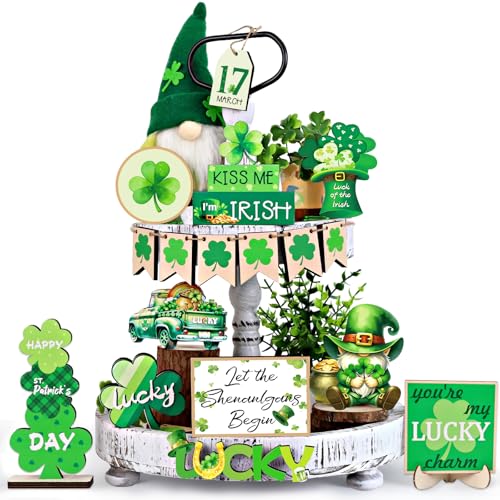 FINDRICH St Patricks Day Decor 22 PCS St Patricks Day Tiered Tray Decor SetSt Patricks Day Decorations for Table with Gnome Shamrock Wooden Signs Irish Decorations Farmhouse Kitchen Centerpiece Home Decor - Image 1