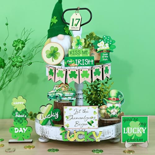 FINDRICH St Patricks Day Decor 22 PCS St Patricks Day Tiered Tray Decor SetSt Patricks Day Decorations for Table with Gnome Shamrock Wooden Signs Irish Decorations Farmhouse Kitchen Centerpiece Home Decor - Image 3